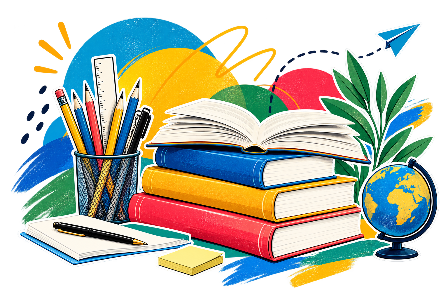 Illustrazione sketch di libri, matite e materiali di studio